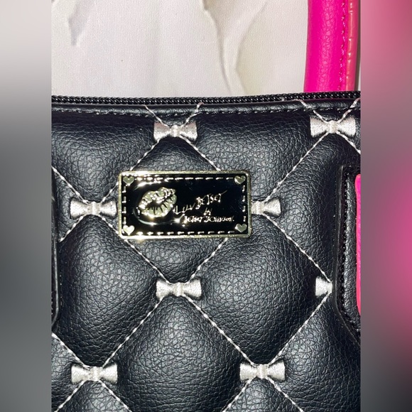 Luv Betsey Johnson Quilted Dome Satchel Triple Handle Crossbody Black White Pink - Picture 3 of 7